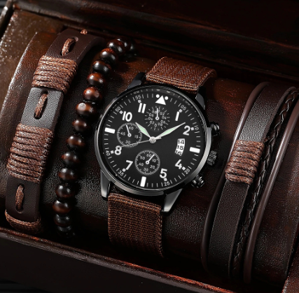 Metro Man Watch Set with circular dial, faux leather strap, stainless steel buckle, and matching bracelets in black and brown colors