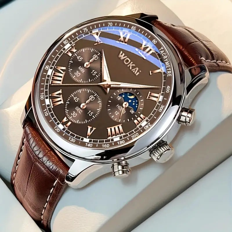 Men's brown quartz sports casual watch with round dial