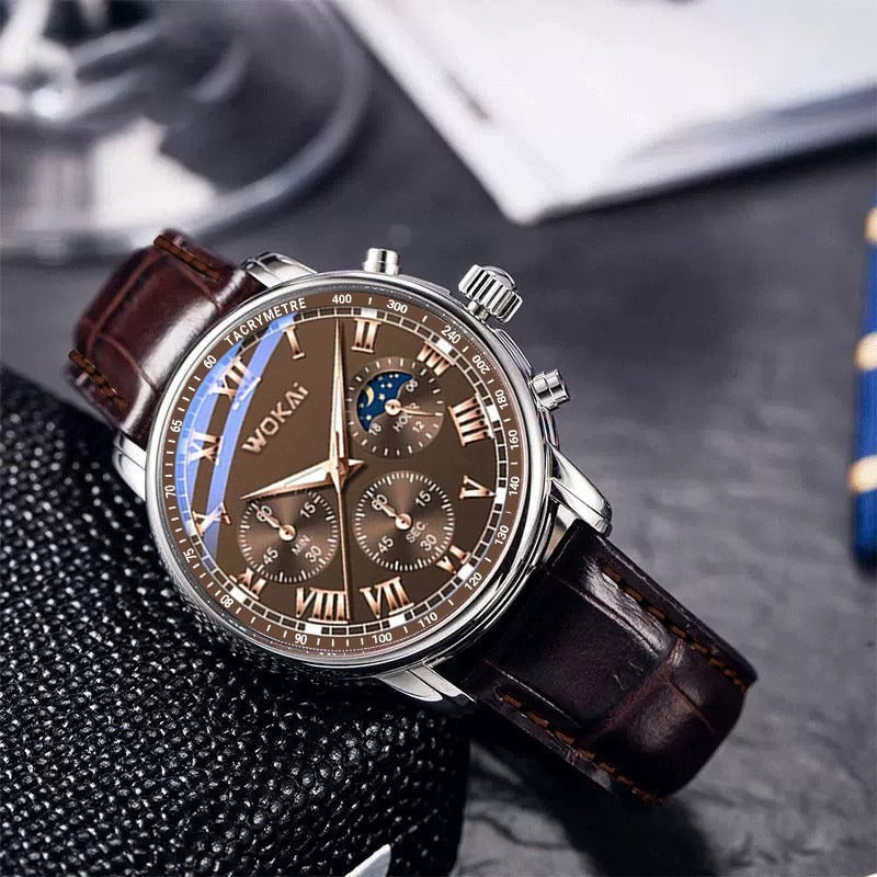 Men's brown quartz sports watch with round dial and PU strap