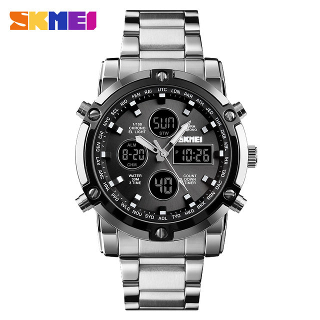 Men's multifunction digital sports watch with stainless steel strap