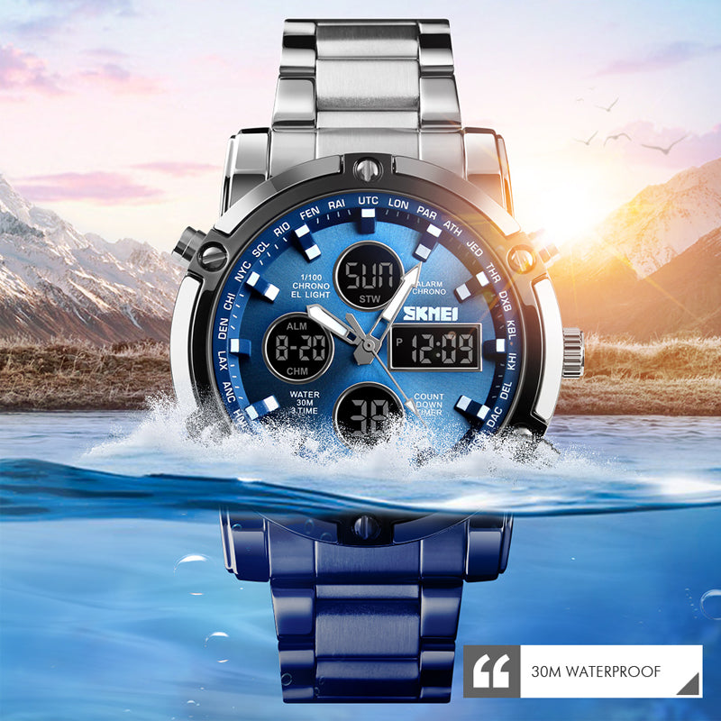 Men's multifunction digital sports watch with stainless steel strap