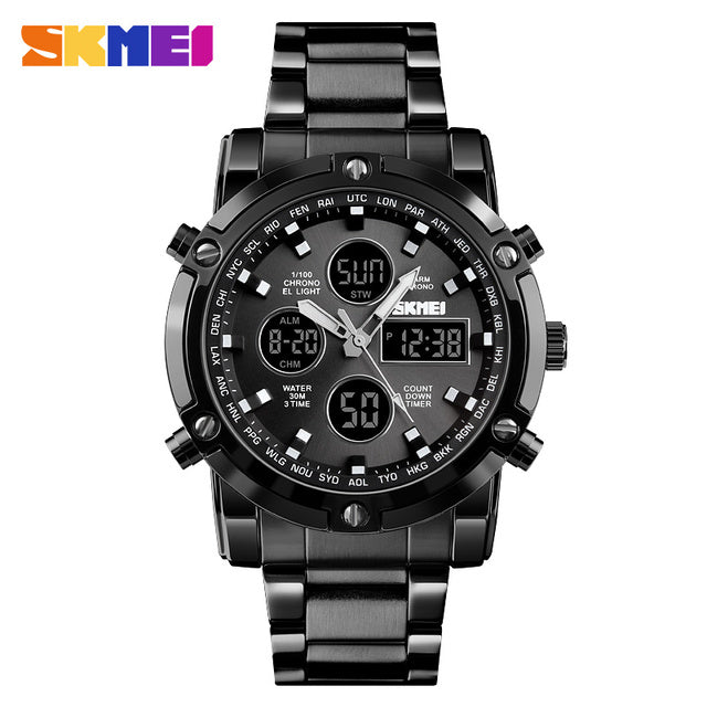 Men's multifunction digital sports watch with stainless steel strap