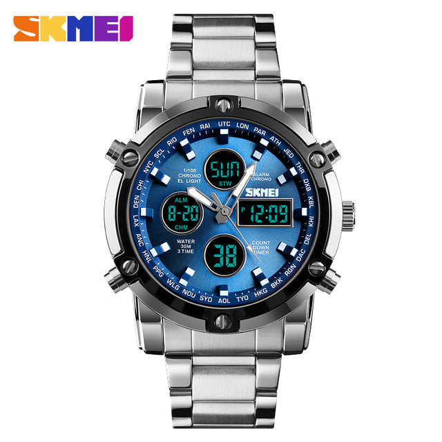 Men's multifunction digital sports watch with stainless steel strap