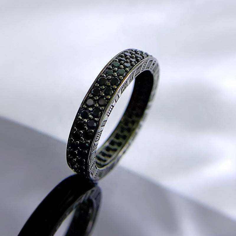 Elegant silver fashion black diamond stackable ring with R499 finish on white background