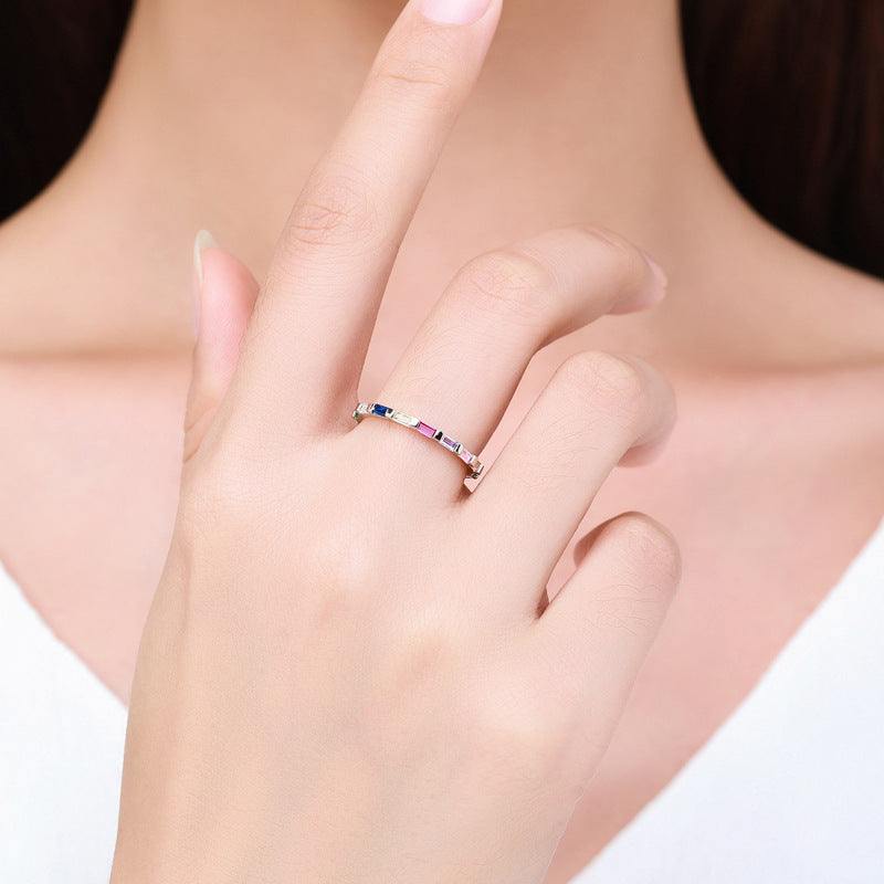 925 silver ring with rainbow geometric diamond design, stackable and elegant jewelry accessory
