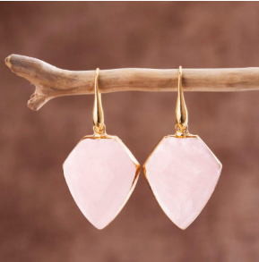 Pink Quartz Shield Dangle Earrings with natural stone and diamond shape design