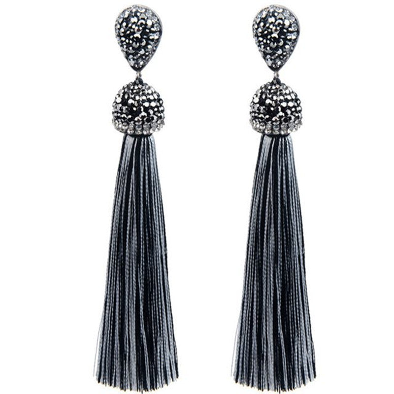 Handmade long tassel earrings with bohemian crystal dangle design in vibrant colors