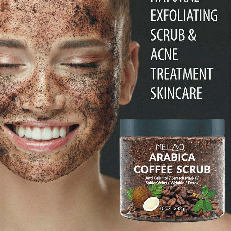Coffee exfoliator scrub jar with natural coffee grounds for skin exfoliation and rejuvenation