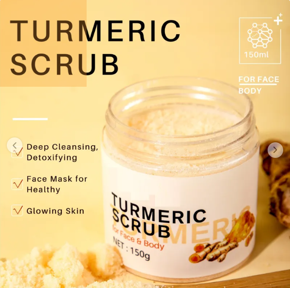 Golden Glow Turmeric Scrub jar with turmeric roots and exfoliating scrub texture for healthy radiant skin