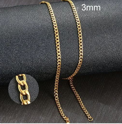 Unisex stainless steel Cuban chains in silver, black, and gold finishes with durable, stylish design