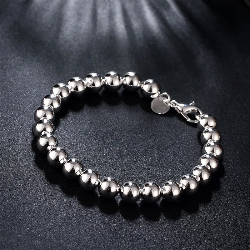 925 Sterling Silver 8mm bead bracelet with elegant electroplated finish in silver and gold options