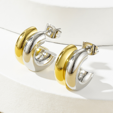 Bicolor half circle silver plated earrings with sleek electroplated finish for DIY jewelry accessories