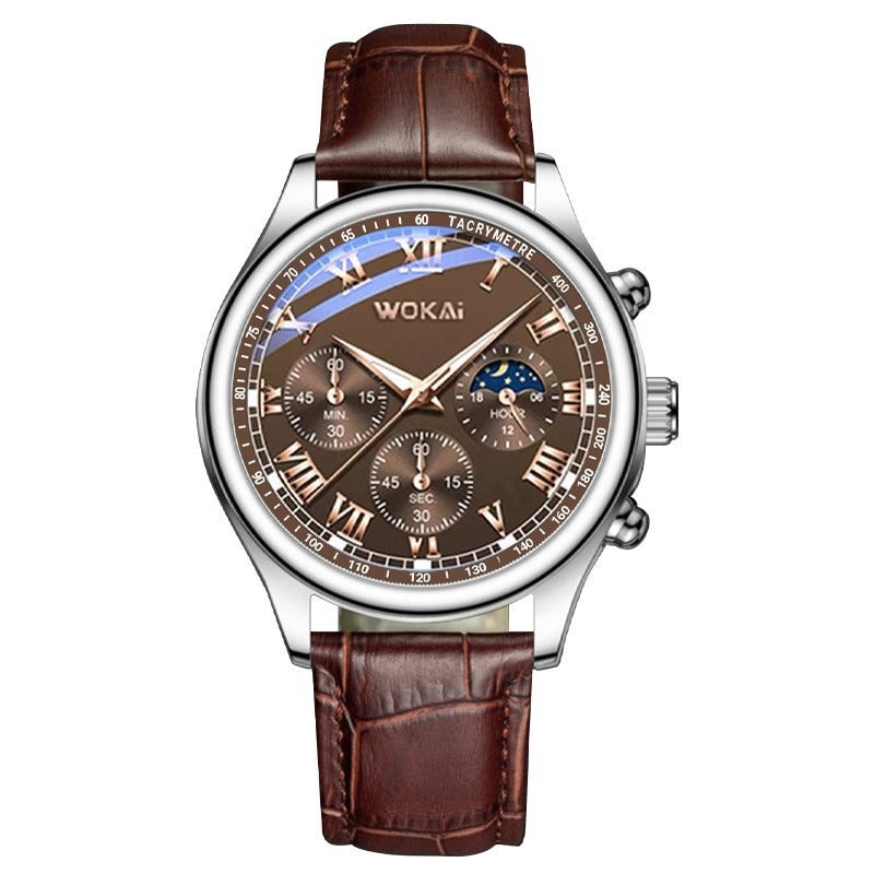 Mens quartz sports watch with brown PU strap and round dial