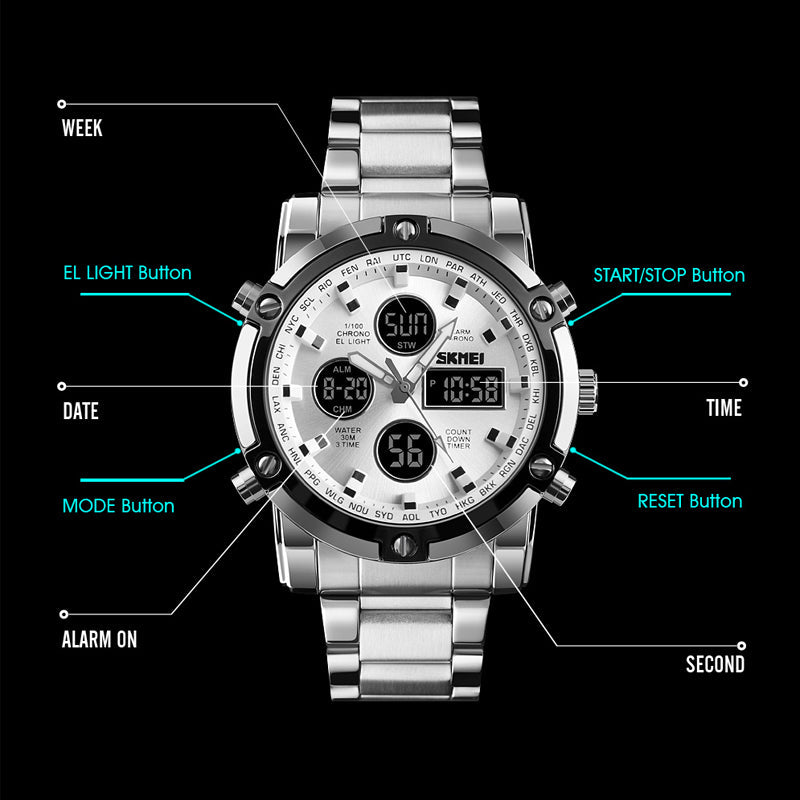 Men's multifunction digital sports watch with stainless steel strap
