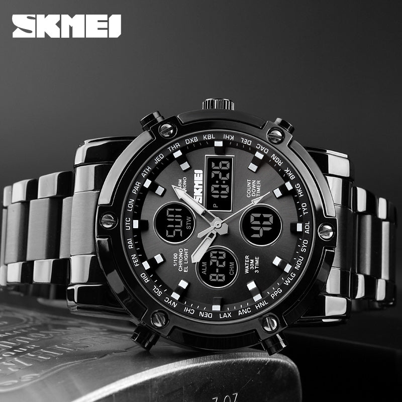 men's multifunction digital sports watch with stainless steel strap