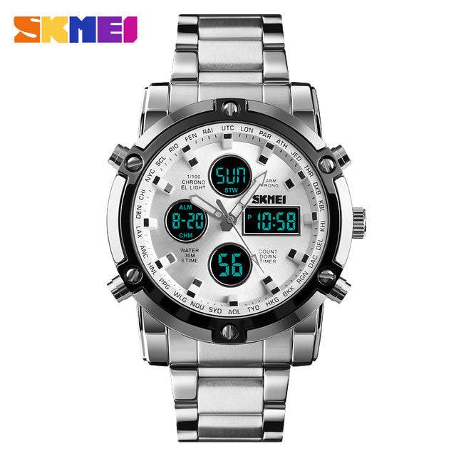 Mens multifunction digital sports watch with stainless steel strap