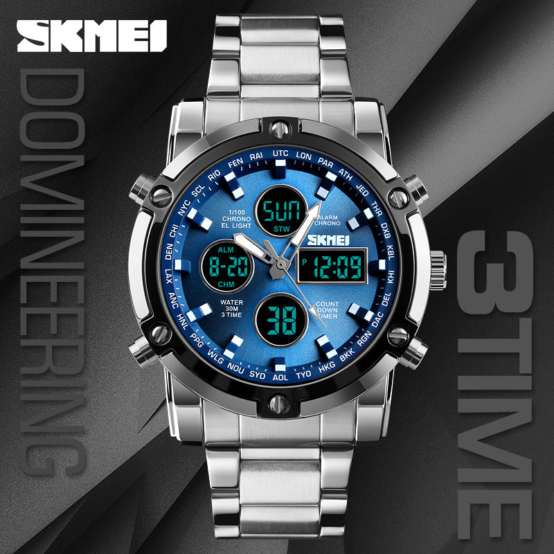 Stylish men's multifunction digital sports watch with stainless steel strap
