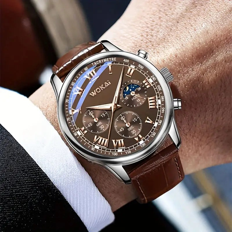Men's quartz sports watch with brown PU strap and round dial
