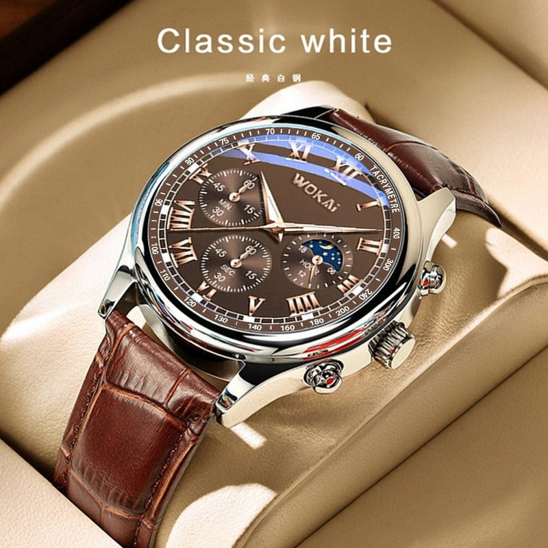 Men's brown quartz sports watch with round dial