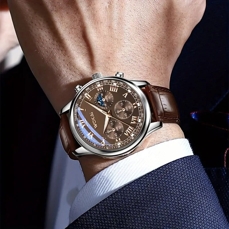 Men's brown quartz sports watch with round dial and PU strap