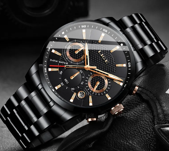 Men's stylish quartz sports watch with brown leather strap