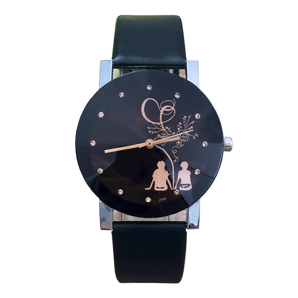 StyleSync student watch with black imitation leather bracelet and stainless steel back