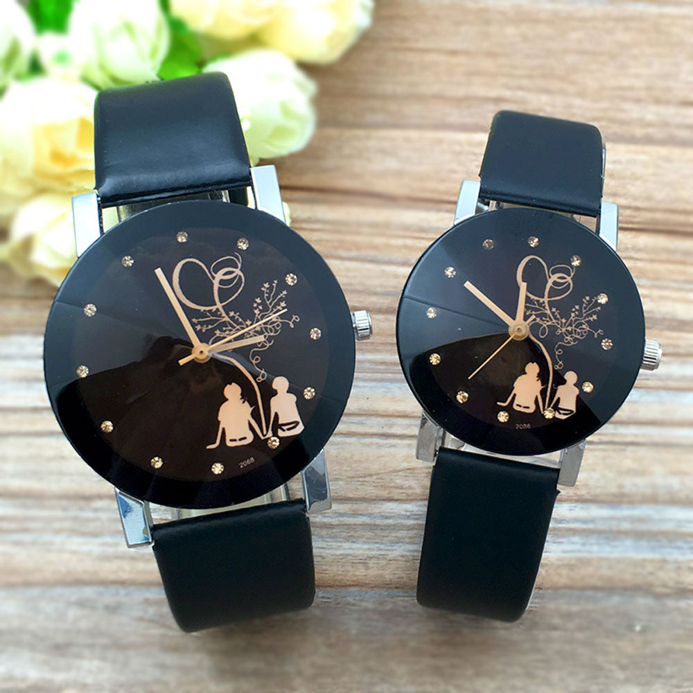 StyleSync black student watches with stainless steel back and imitation leather straps